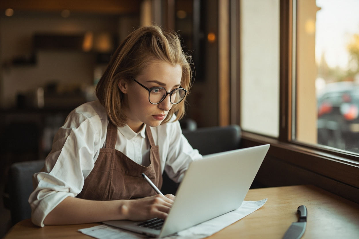 Young chef writing resume at kitchen bench in Melbourne