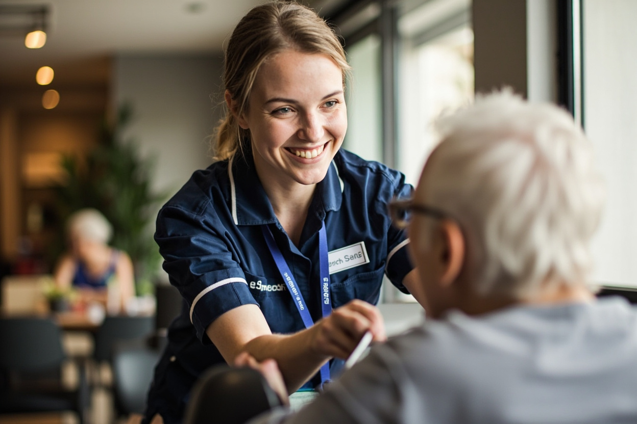Aged care worker helping an elderly resident in a Melbourne care facility — 2026 pay rates guide