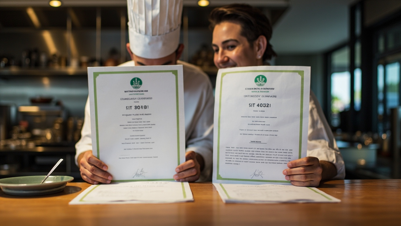 Two chef uniforms side by side in a professional kitchen